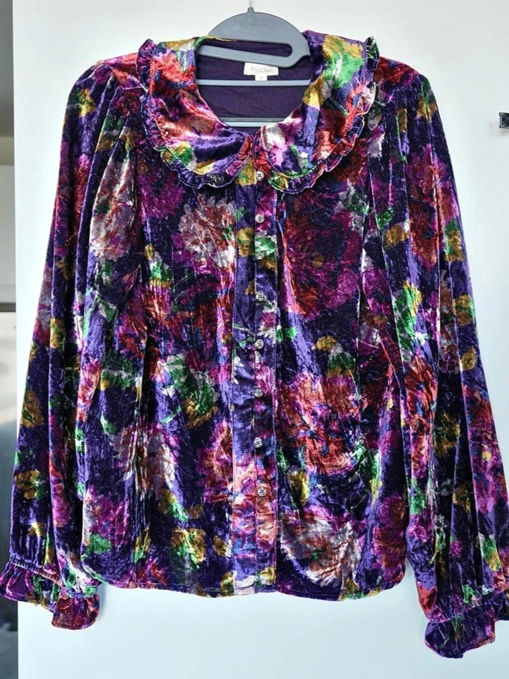 PILCRO Keira Velvet Long-Sleeve Blouse Floral Purple & Multicolor Medium
